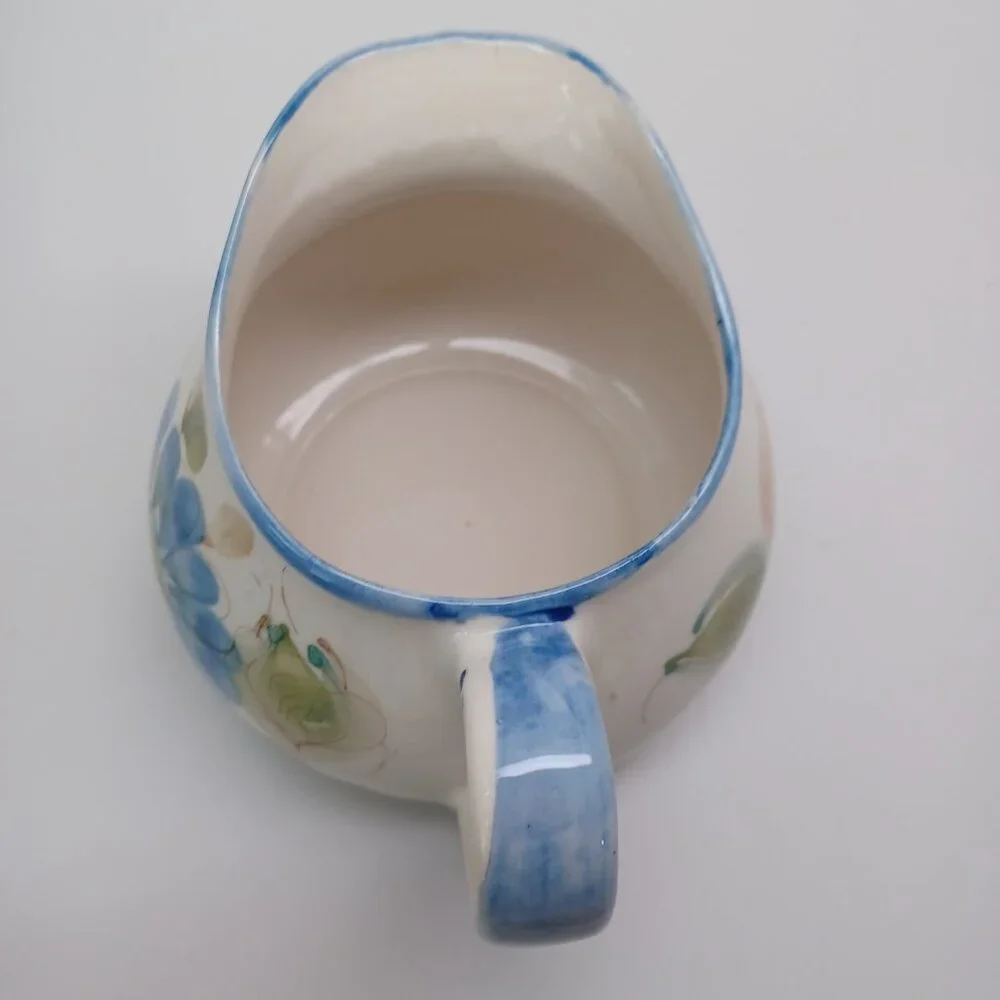 Blue Floral Pitcher Made In Portugal Secla Vintage Flower Leaf Print Wide Mouth‎